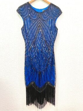 Fundaisy Dress Sequin Fringe Flapper Retro Inspired Party Blue and Black Size XL